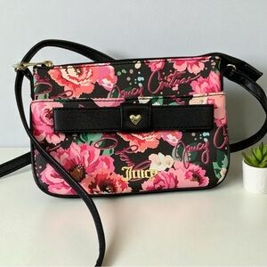 Juicy Couture Pick Ur Petal Black Peek A Bow Crossbody Floral Zipper Purse